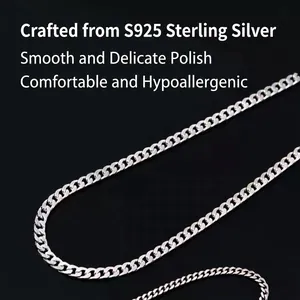 Polished S925 sterling silver Cuban link chain necklace shown on a black background