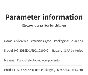 Ficha técnica detallada del piano electrónico de 22 teclas para niños modelo 1019D