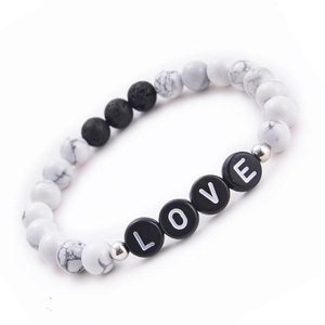 Minimalist natural white turquoise and black lava stone LOVE beaded bracelet for couples