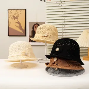 Women Woven Cloche Hat French Style Sun Protection Elegant Bucket Hat With Flower Artificial Pearl Decor Summer Beach Travel