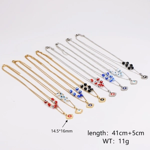 Gold and silver stainless steel eye pendant necklaces in various colors with measurements