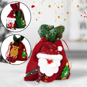 Sacchetti Regalo Di Natale Con Coulisse Tessuto In Flanella Con Bambole 3D Babbo Natale Pupazzo Di Neve Alce Decorazione Con Paillettes