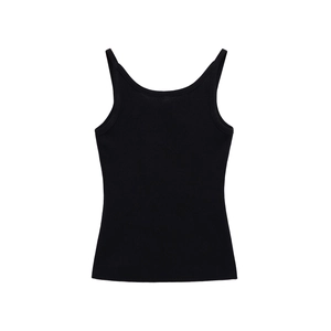Women's black rib-knit tank top camisole with slim straps on white background