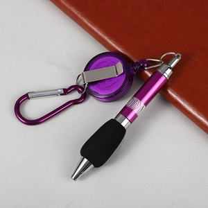 Purple retractable metal ballpoint pen with foam grip and carabiner clip attachment