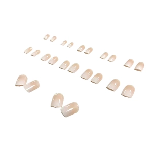 Short square press-on nails with sweet nude pink gradient and glossy french white edges