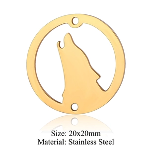 Close-up of 20x20mm gold stainless steel wolf head pendant with elegant hollow design