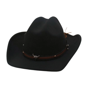 Classic black felt western cowboy hat with leather band and metal bull head emblem