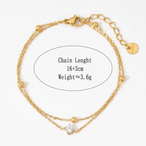 Double-layer stainless steel gold bracelet with zircon pendant and 16+3cm chain length