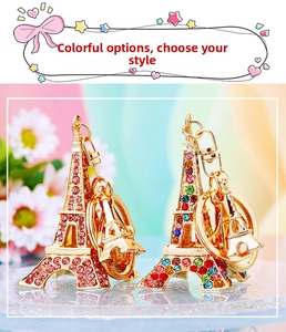 Detail of diamond-studded Eiffel Tower keychains in rose gold and multicolor stones