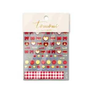Self-adhesive 5D nail art stickers with red bows, hearts and knit texture patterns