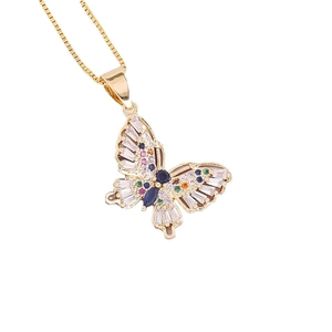 Gold butterfly necklace with colorful zircon stones on a classic box chain