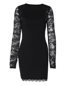 Elegant black long sleeve dress with lace details and square neck in a slim fit style