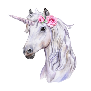 Watercolor unicorn wall sticker with pink roses and purple mane for kids bedroom