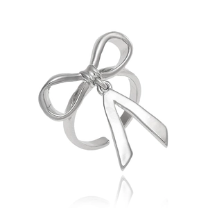 Detailed view of silver butterfly bow ring with dangling ribbon pendants and adjustable band