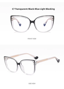 Detalle de montura de gafas cat eye anti luz azul en blanco transparente y negro C7