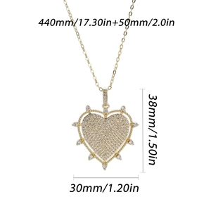 Detailed dimensions of gold heart pendant necklace with zircon paving and spikes