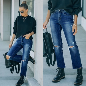 High Waisted Straight Leg Jeans Dames Gescheurde Distressed Denim Broek Blauw Raw Hem Casual Streetwear