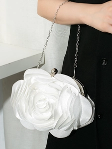 Elegant white 3D rose evening clutch bag with silver chain strap for weddings