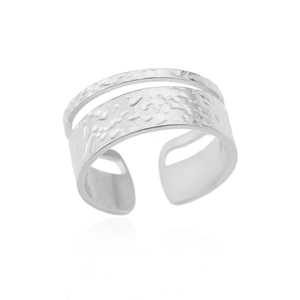 Detail of silver double-layered ring with a hammered texture and adjustable open band