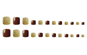 Flat lay of 24 press-on toenails in glossy brown and golden glitter finishes on white background