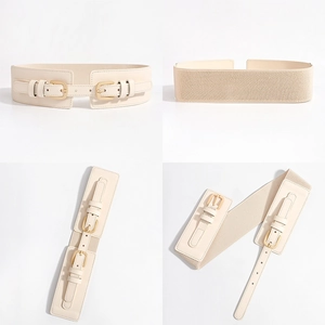 Multiple views of a white elastic wide belt featuring double gold buckles for dresses