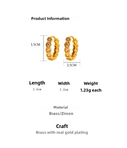 Detailed size chart showing 1.5cm diameter for gold hexagonal zircon hoop earrings
