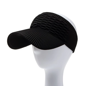 Detail view of black ribbed knit sun visor hat with elastic fabric on white head model