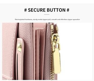 Close-up of durable golden hardware and smooth zipper on pink lychee leather wallet