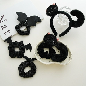 Halloween Hair Accessories Black Cat Bat Wings Velvet Plush Satin Scrunchies Headband Party Cosplay Cute Gothic Women