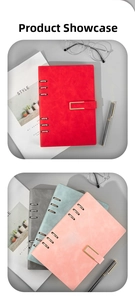 Detail view of colorful A5 loose-leaf notebooks with U-shaped magnetic metal buckles