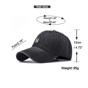 Detailed size chart for washed denim baseball cap with N letter embroidery and measurements