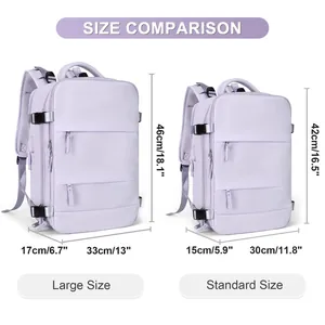 Detailed size comparison chart showing large and standard backpack dimensions in cm and inches