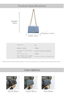 Detailed dimension chart for quilted denim crossbody bag with gold chain strap