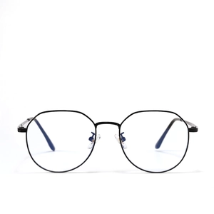 Minimalist black metal round polygon glasses with transparent lenses on white background
