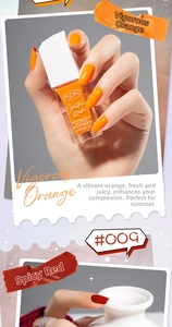 Close-up of bright orange and red peelable nail polish bottles with 10ml capacity