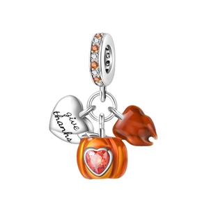 925 silver-plated autumn charm with pumpkin, leaf, and 'give thanks' heart pendant
