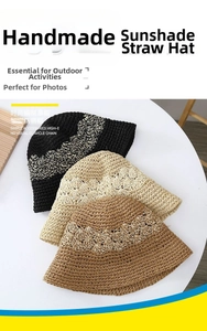 Détail de trois chapeaux cloche en paille tressée à la main en noir, crème et marron