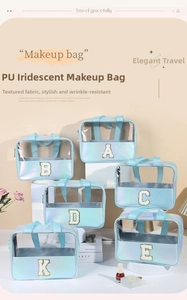 Dettaglio di pochette trucco olografiche con lettere di paillettes e zip scorrevole