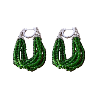 Boucles d'oreilles créoles perlées vertes avec zircons argentés au style rétro