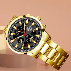Luxury gold stainless steel men's quartz watch with black dial and calendar display