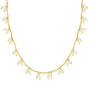Elegant gold necklace with minimalist white double pearl pendants on a simple fine chain