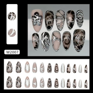 3D metallic silver liquid effect press on nails with marble patterns and relief flowers