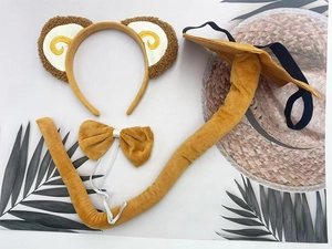 Three-piece monkey cosplay set featuring plush brown ears headband, bowtie, and long tail