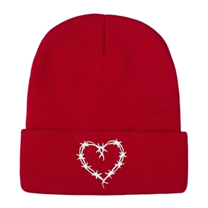 Red knit beanie with white heart embroidery, winter warm headwear for outdoor street style
