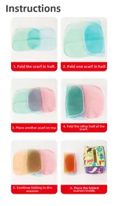 Visual guide showing folding steps for baby tissue box toy with colorful scarves