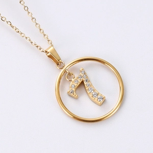 Detail of gold necklace showing sparkling cubic zirconia inlaid number pendant