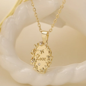 Love Pendant Necklace Copper Gold Plated Oval Floral Engraved With Cubic Zirconia Vintage Elegant Jewelry For Women