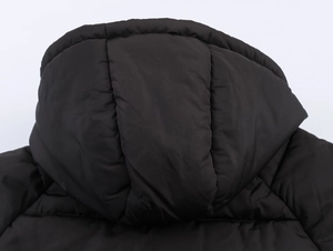 Close-up of a black padded hooded jacket featuring windproof fabric and full insulation