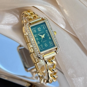 Women Fashion Watch Rectangle Rhinestone Alloy Chunky Chain Strap Elegant Luxury Ladies Quartz Wristwatch