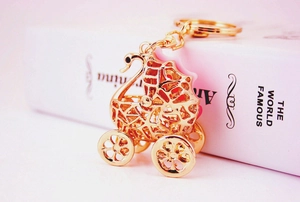Detail of a golden swan stroller keychain featuring intricate hollow metal craft on a book